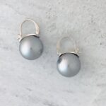 Elegant 13mm Faux Pearl Huggie Drop Earrings Silver and Gray