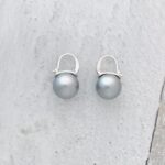 Elegant 13mm Faux Pearl Huggie Drop Earrings Silver and Gray