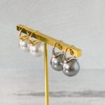 Elegant 13mm Faux Pearl Huggie Drop Earrings Silver and Gray