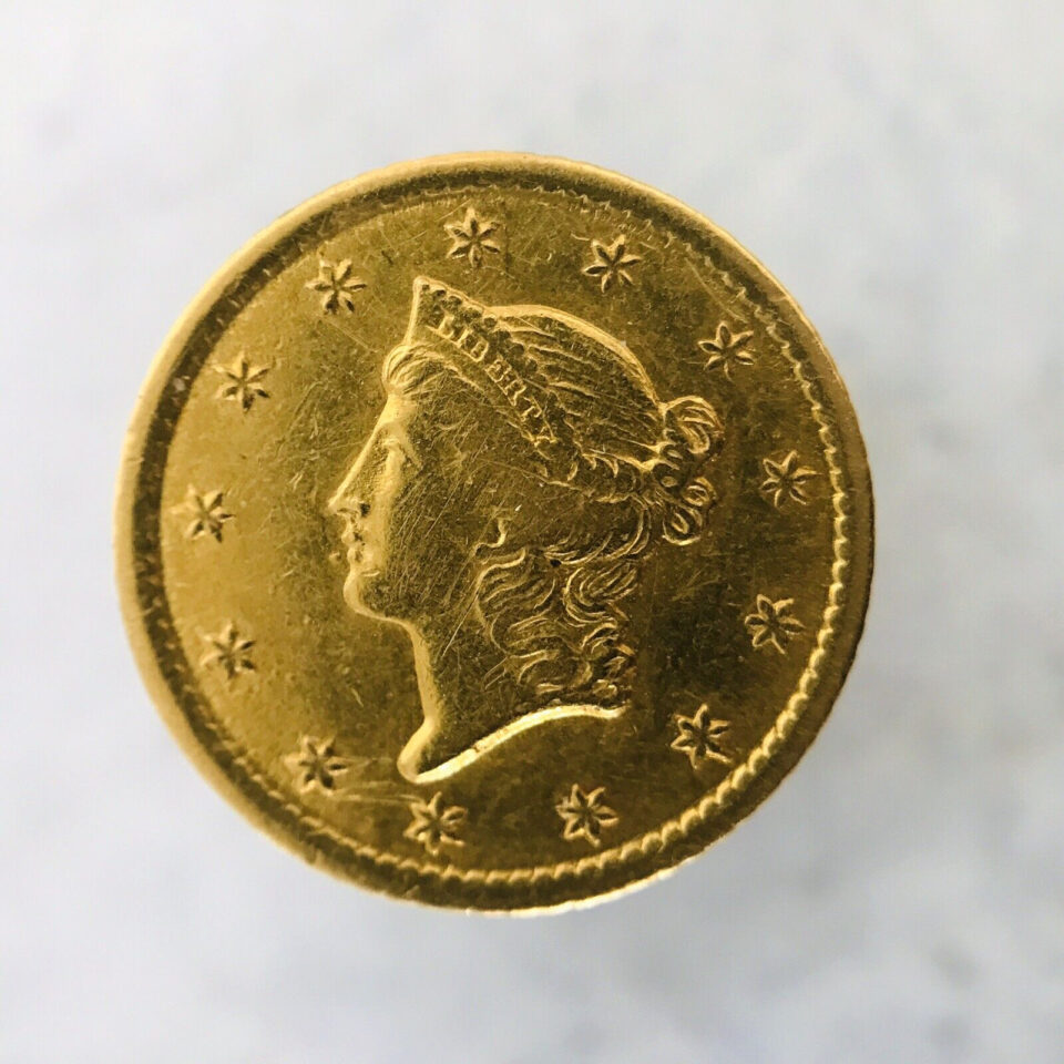 Liberty Head $1.00 Gold Coin Antique Collar Button Love Token 14k Back 1849 "O"