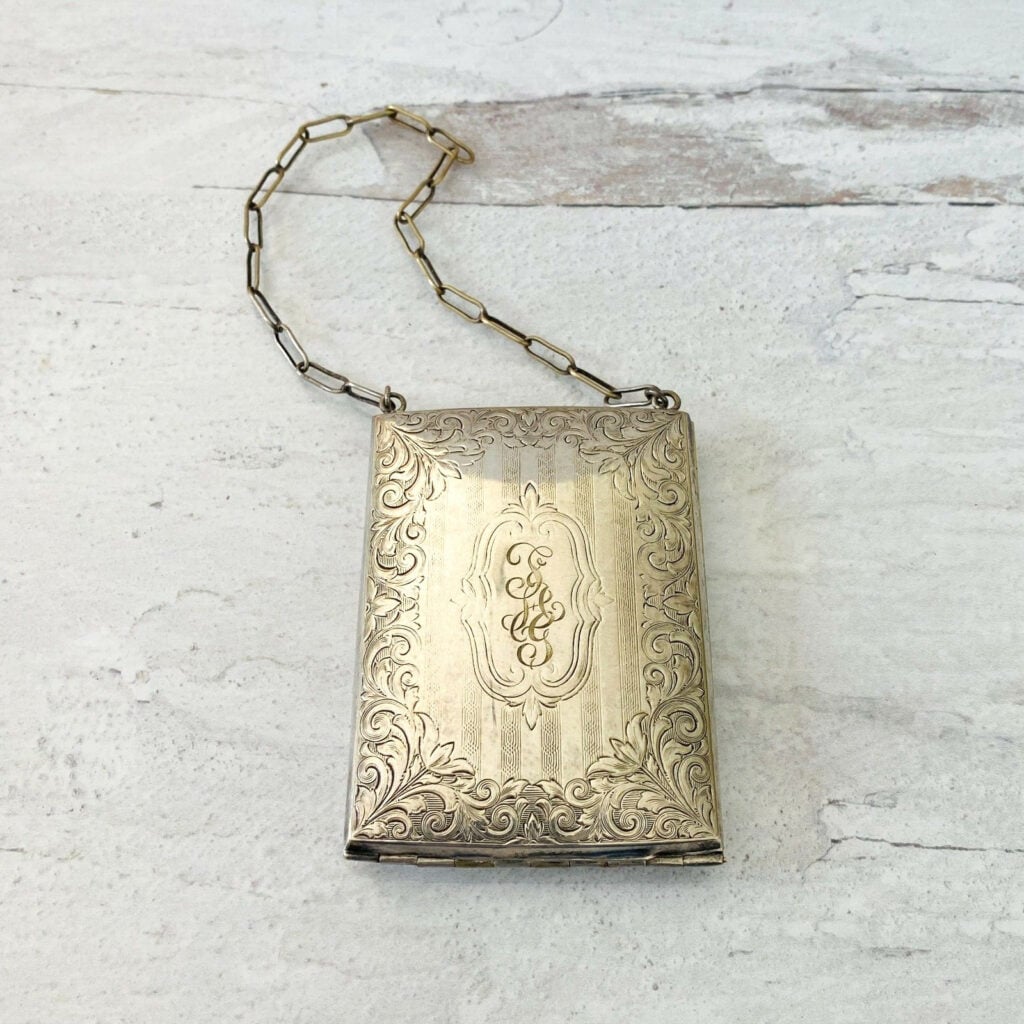 Antique Edwardian Nickel Silver Exquisitely Hand Engraved Ladies Purse Compact