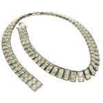 VTG Pillow Cut Rhinestone Collar Necklace Bracelet Set Rhodium Plated Bright