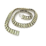 VTG Pillow Cut Rhinestone Collar Necklace Bracelet Set Rhodium Plated Bright
